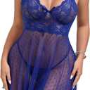 Women Lace Babydoll Lingerie Polka Dots Mesh Sleepwear Sets (Blue, S)