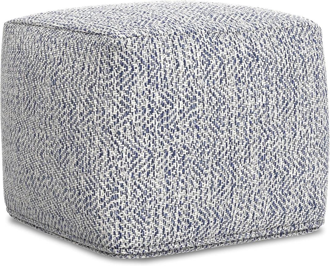 SIMPLIHOME Nate Square Pouf - 18 inch Wide Upholstered Handwoven Cotton Ottoman in Denim Melange, Boho Footstool or Extra Seating for Living Room or Bedroom with Polystyrene EPS Beads, Assembled, 18"D x 18"W x 14"H