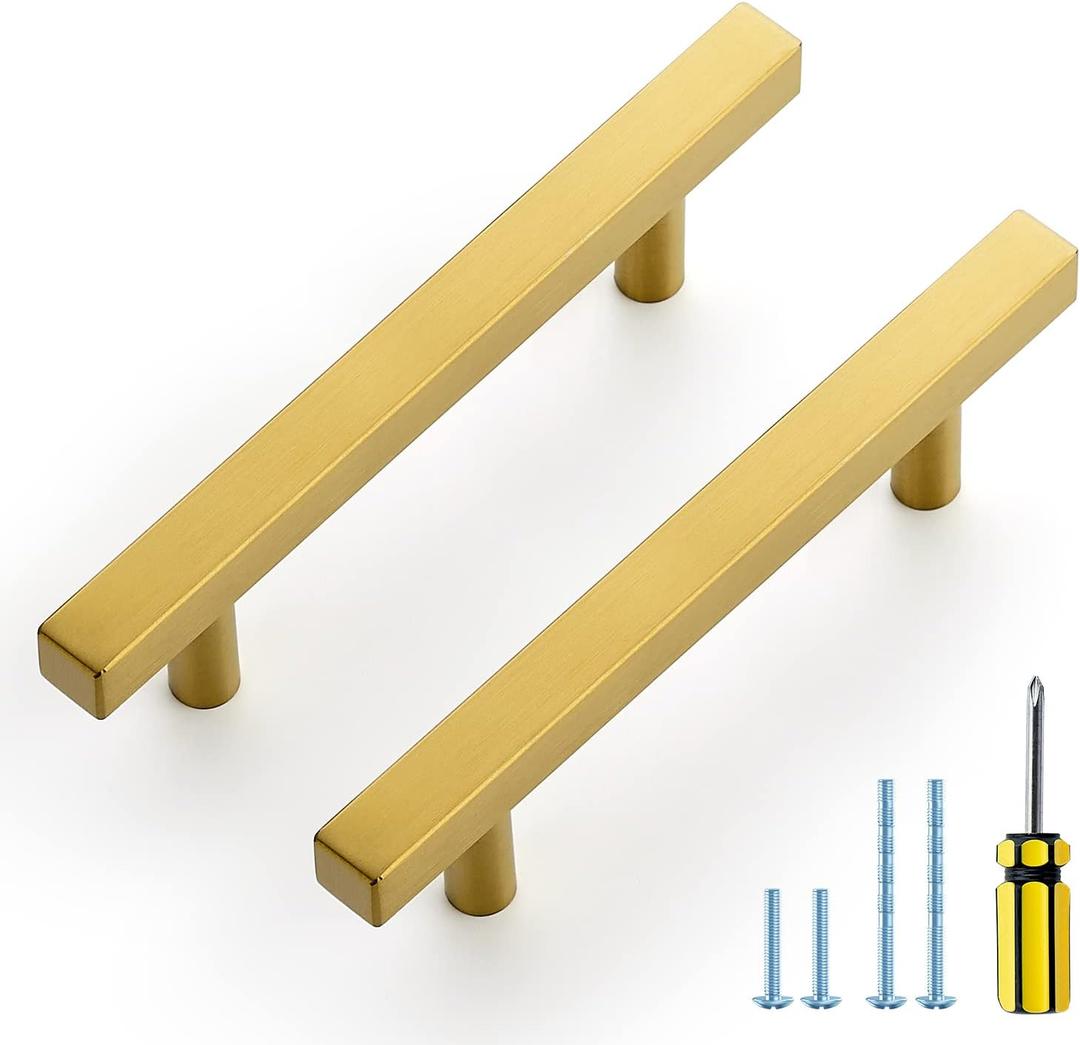 Ravinte 10 Pack Gold Cabinet Handles 3-3/4 Inch Brushed Brass Square Cabinet Pulls Gold Hardware for Kitchen Cabinets - 6 Inch Total Length
