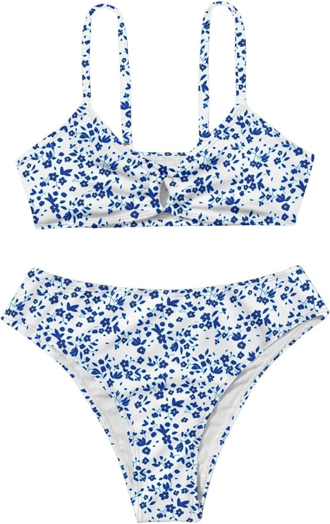 COZYEASE Girls' 2 Piece Ditsy Floral Print Knot Front Ruched Triangle Bikini Swimsuit (11 Years, Blue With White) COZYEASE Girls' 2 Piece Ditsy Floral Print Knot Front Ruched Triangle Bikini Swimsuit (11 Years, Blue With White)