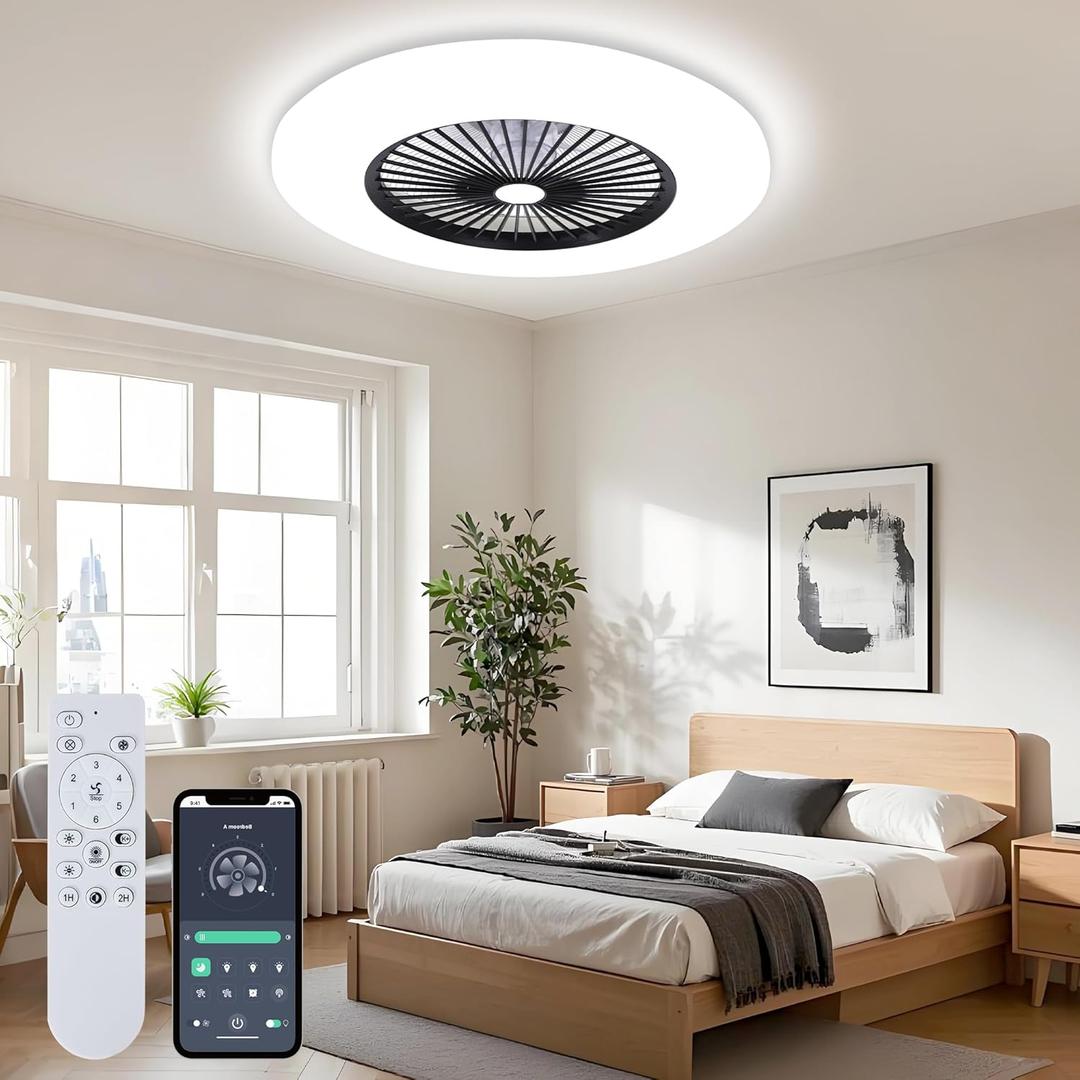24" Low Profile Ceiling Fan With Light, Bladeless Flush Mount With 3 Color Dimmable Smart LED, 6 Speeds Timing Reversible, Modern Enclosed Remote & APP Control Black