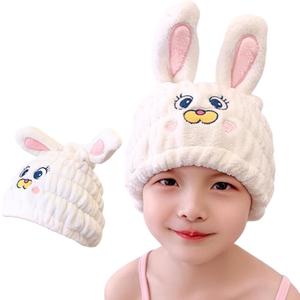 Microfiber Hair Towel Wrap for Kids, White Rabbit Dry Hair Cap Suck Water, Absorbent Quick Girls Boys Hair Drying Towel, Lightweight Bouncy Hat Headscarf for Wet Hair