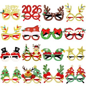 HAFZYRYS 16Pcs Christmas Glasses Glitter Holiday Party, Cute Christmas Glasses Frames, Christmas Eyeglasses Party Decorations for Christmas Party Favors Holiday Favors (One Size Fits All)
