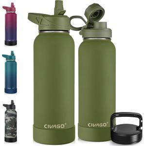 CIVAGO 40 oz Insulated Water Bottle With Straw, Stainless Steel Sports Water Cup Flask with 3 Lids (Straw, Spout and Handle Lid), Double Walled Travel Thermal Canteen Mug, Army Green