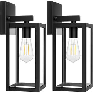 2-Pack Outdoor Light Fixtures Wall Mount, Waterproof Exterior Wall Lanterns with Clear Glass, Anti-Rust Outside Black Wall Sconces, Front Porch Lights for House Garage Doorway, Bulbs Not Included (12.5 Inch)