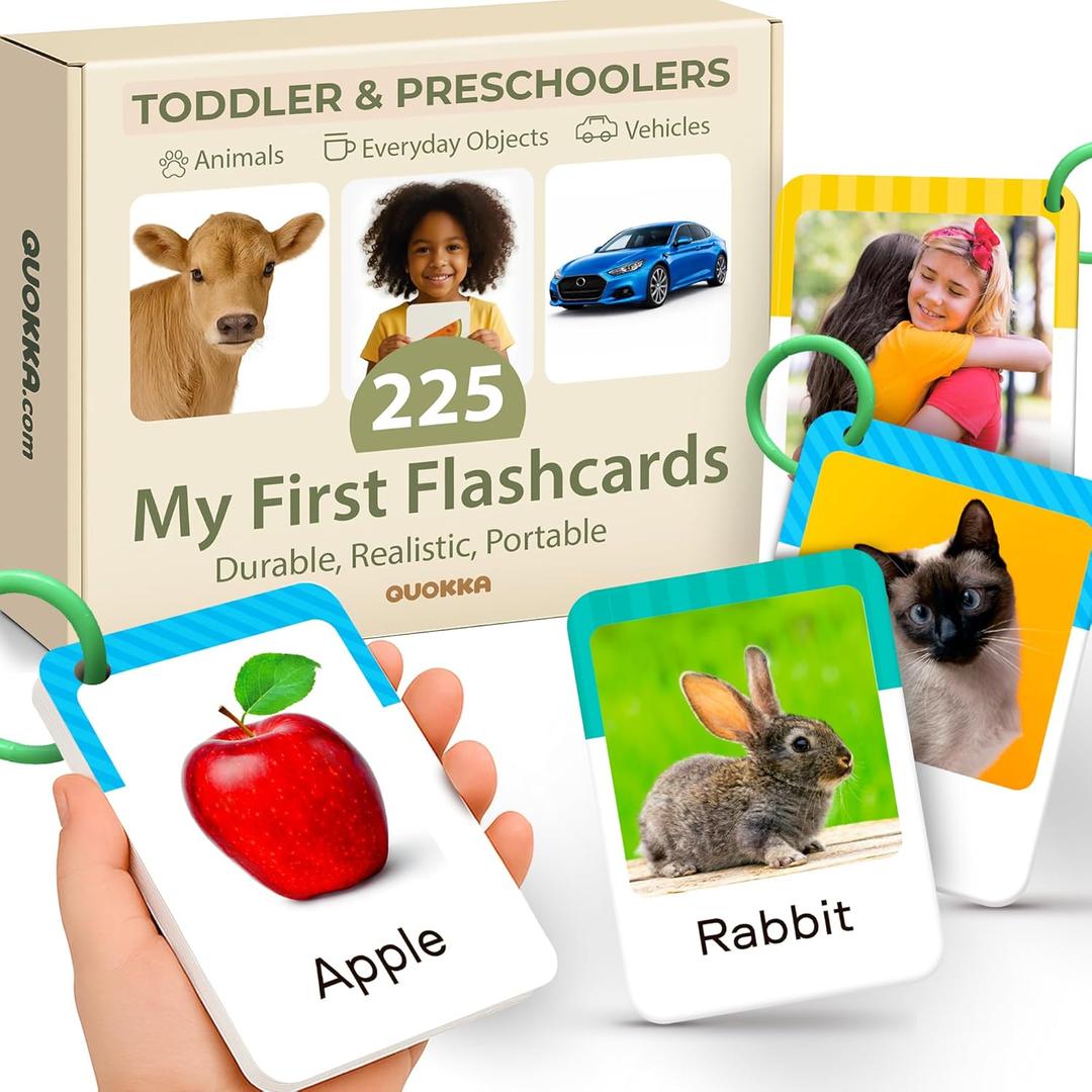 QUOKKA 225 Toddler Flash Cards with Rings  Realistic Learning Cards for Ages 13  Alphabet, First Words, Animals etc  Portable Montessori Flashcards for Car Rides, Stroller Walks, Shopping &Travel