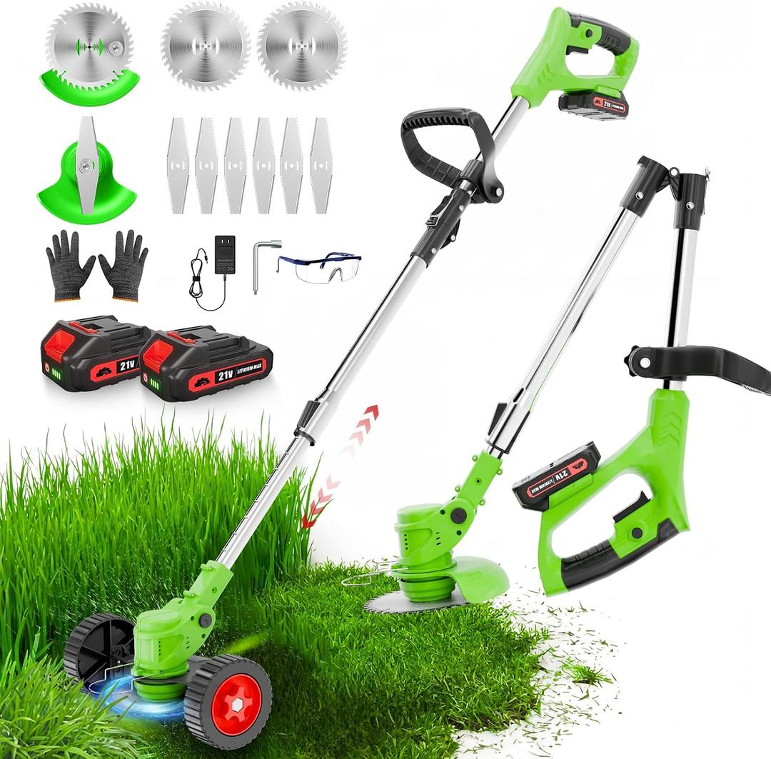 Electric Weed Wacker, Cordless Weed Eater Lightweight Grass Trimmer – 2x2.0Ah Batteries, 60-120 Min Runtime, 2 Types of Blades + Wheels for Garden & Yard Lawn