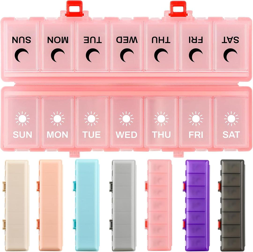 Foldable Pill Organizer Weekly 2 Times a Day, 7 Day Portable AM PM Travel Pill Case with Black&White Labels, Dual-Protection Daily Medicine Box, Large Pill Container for Vitamin/Supplement-Clear Pink