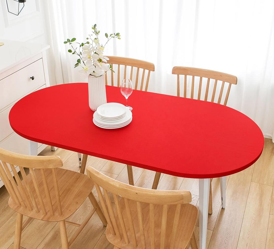 Wolkemer Fitted Oval Tablecloth Spandex Stretch Red Cocktail Table Cover Elastic Edge Topper Cap for Dining Wedding Party Picnic 48 x 72 Inch