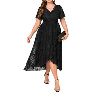 Plus Size Dresses Wedding Guest - Formal Cocktail Party Long Lace High Low Wrap V Neck Dress (Black-01)