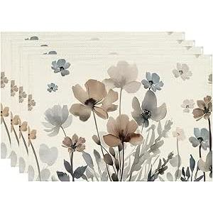 Floral Placemats for Dining Table Set of 4, Spring Summer Brown Poppy Flower Leaves 12x18 Inch Seasonal Holiday Table Mats for Party Kitchen Dining Decoration