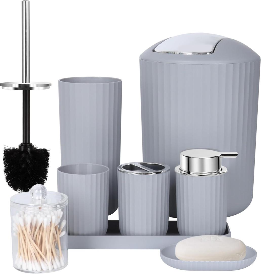 FEILANDUO Bathroom Accessories Sets Complete, 8 Pcs Bathroom Accessory Set with Trash Can, Soap Dispenser, Soap Dish, Toothbrush Holder,Toothbrush Cup,Toilet Brush and Qtip Holders,Vanity Tray (Gray)