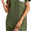 Ekouaer Women's Nightshirt Short Sleeve Button Down Nightgown V-Neck Sleepwear Pjs Dress Army Green Medium
