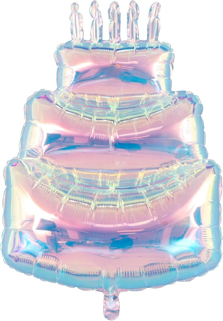 Happy Birthday Cake Foil Balloons 40 Inch,Gaint Three-Tier Iridescent Holographic Thickened Large Birthday Mylar Balloon for Girls Women Kids Baby Shower Party Decorations Supplies