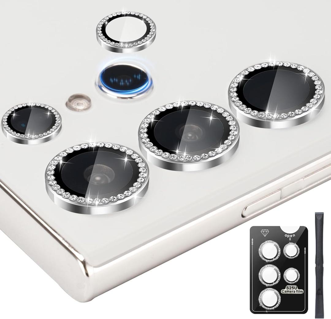 Camera Lens Protector for Samsung Galaxy S25 Ultra, Individual Tempered Glass Aluminum Alloy Ring Lens Cover with Installation Tray Fit for Samsung Galaxy S25 Ultra Diamond Silver