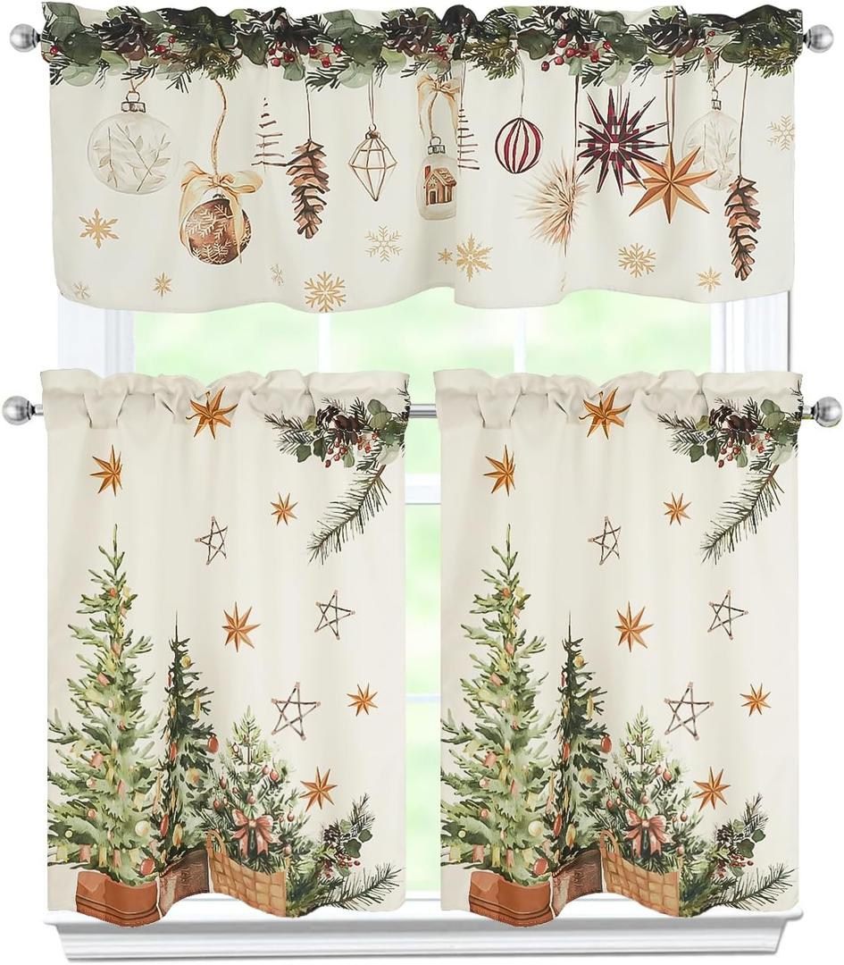 Christmas Kitchen Curtains 3 Piece Set Xmas Trees Holly Pine Curtains Valance & Tiers for Kitchen Home Indoor Cafe 36 Inch Short Window Curtain Over Sink Window Winter Holiday Decor