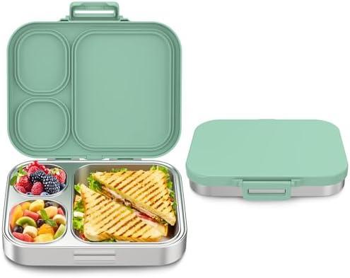 Howeemo Stainless Steel Bento Box Kids, Leak Proof Metal Bento Lunch Box, 3 Compartments 304 Stainless Steel Bento Lunch Containers for School and Office, Dishwasher Safe, BPA-Free(Green)