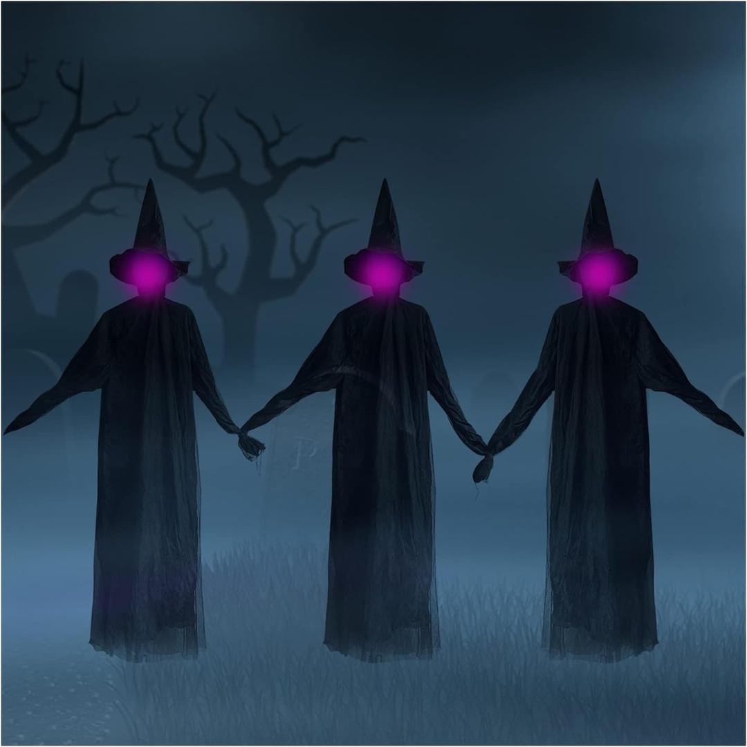 3 Pack Witches Halloween Decorations Outdoor, 5.5 ft Holding Hands Screaming Witches with Upgraded Wind Resistant Stakes, Light Up Witch Glowing Head Life Size for Home Lawn Yard Party Decor