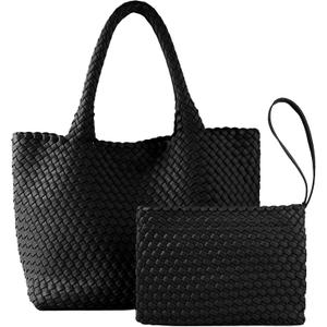 Woven Tote Bag for Women, Vegan Leather Handwoven Bags with Small Handmade Purse, Large Travel Beach Braided Top Handle Handbags (Black)