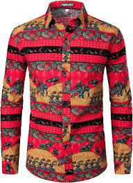 PARKLEES Men's Cotton Linen-Like 70s Disco Retro Traditional Pattern Printed Long Sleeve S