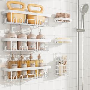 Veken 6-Pack Rustproof & Waterproof Shower Caddy, Adhesive Shelves Rack with Soap Holder, Large Bathroom & Washroom Organizer, No Drilling Wall-Mounted Kitchen&Home Decor,Ideal for Bathtub Storage, White