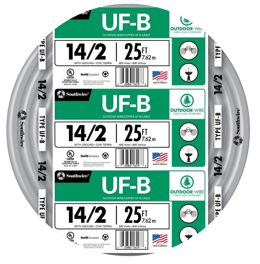 Woods Southwire 13054221 25ft 14/2 AWG Solid UF-B Type Underground Feeder and Branch Circuit Cable with Ground Wire, Gray