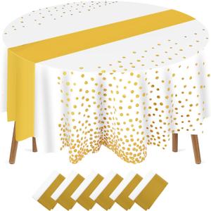Newwiee 84 Inch Polka Dot Round Disposable Tablecloths Plastic Tablecover Plastic Tablecloth with Runner Printed for Prom Graduation Wedding Spring Birthday Party(White, Gold,6 Pcs)