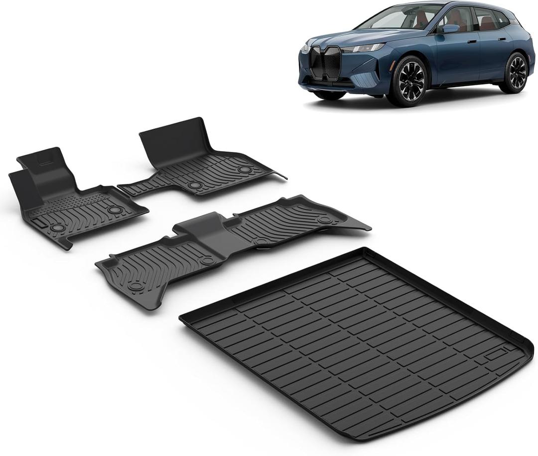 All Weather Car Floor Mats & Cargo Liner Set Fit for BMW iX 2022 2023 2024 2025 Floor Liners Trunk Liner iX Cargo Mat Accessories Black
