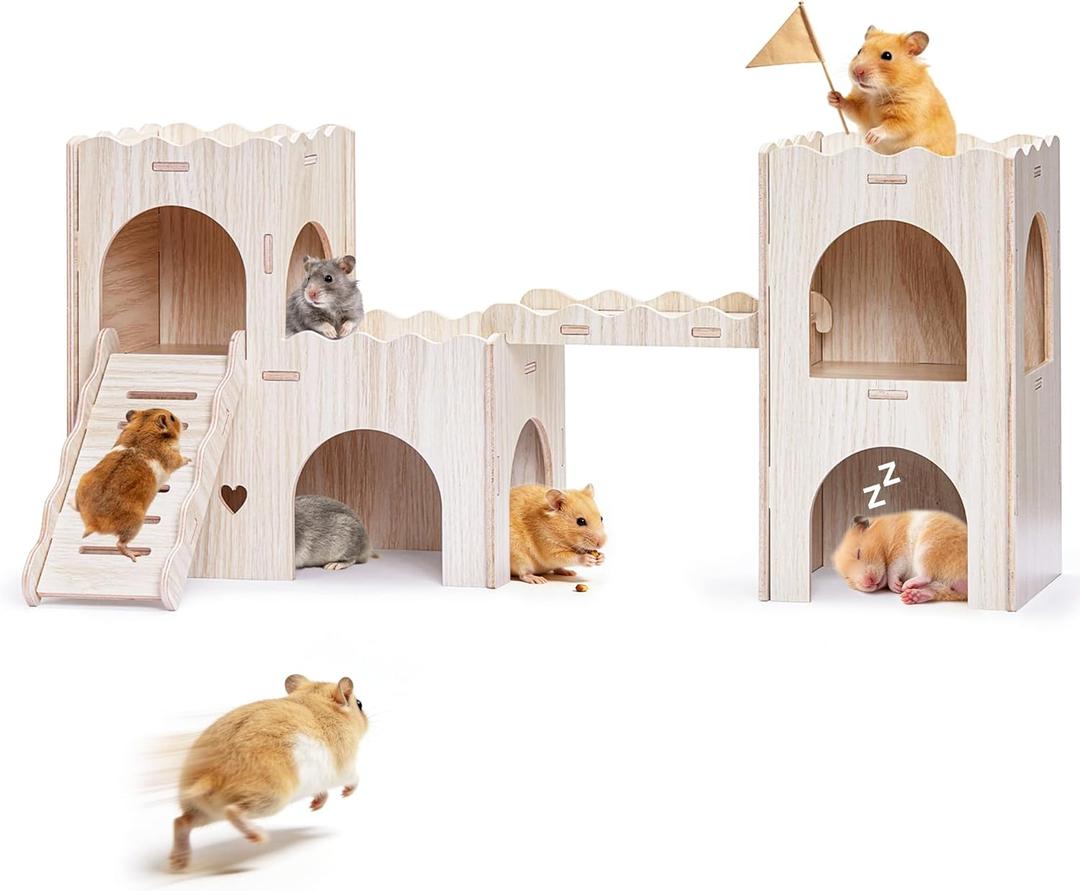 Large Hamster Hideout, Wooden Hamster Houses and Hideouts, Double-Decker Hamster Hut Castle, Dwarf Gerbils Habitat House with Climbing Ladder, Multi Chamber Syrian Hamsters Hides