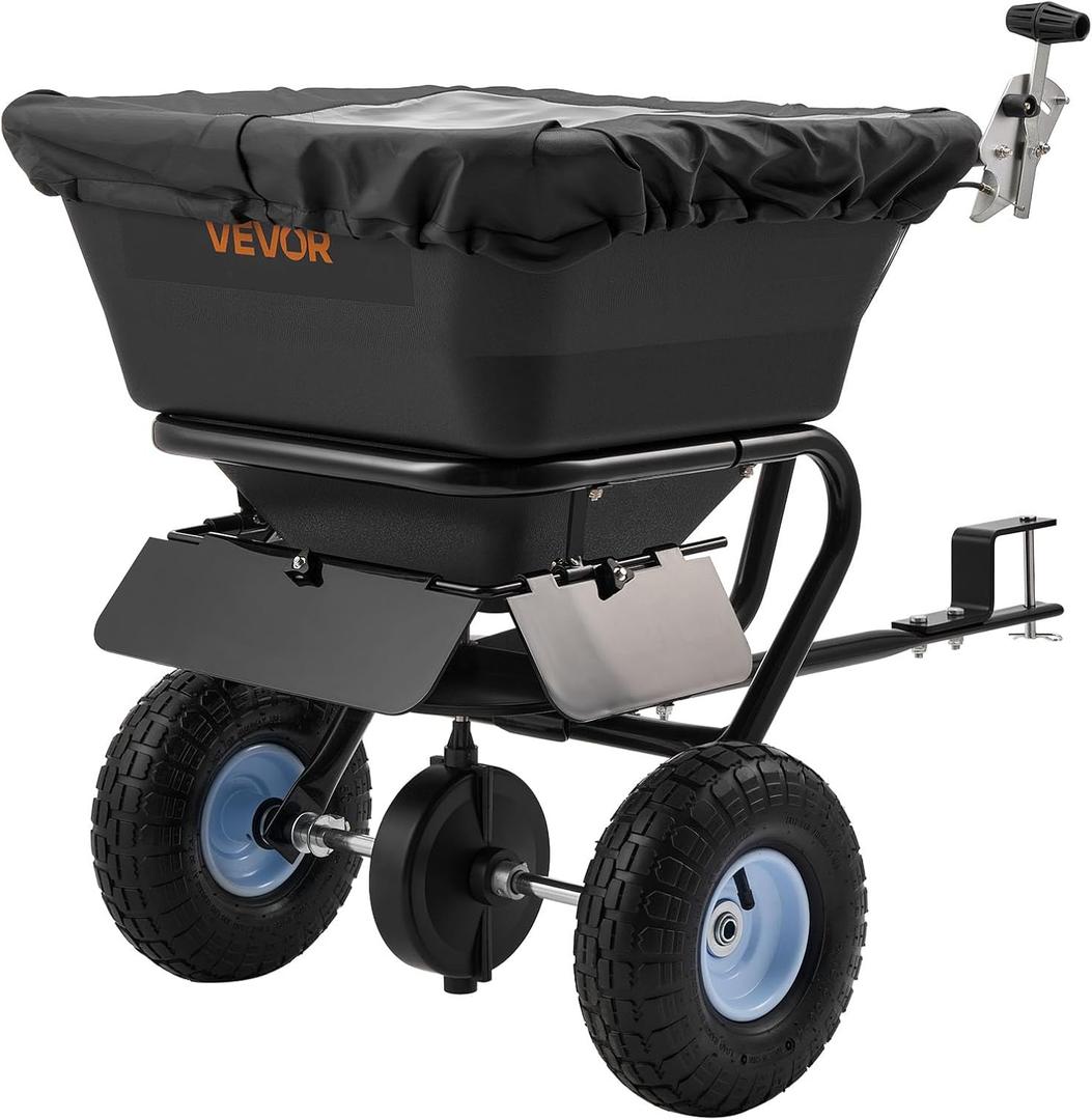 VEVOR Tow-Behind Spreader, 9.8 ft Spreading Width, Broadcast Spreader with 10" All-Terrain Tires, 85 lbs Capacity Hopper, Adjustable Flow Control, Lawn Spreaders for Seed Fertilizer Ice Melt