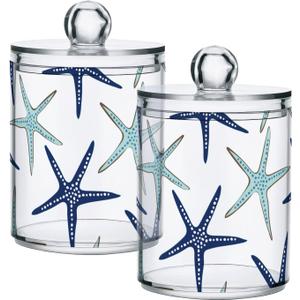 Bathroom Canister Set of 2, Beach Coastal Starfish Navy Blue and Turquoise Plastic Jars Holder Dispense Qtip Holder Storage Jars with Lids,Home Decor (B135)