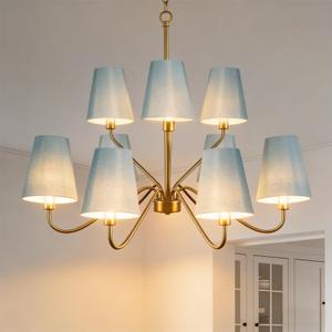 9-Light Gold Chandelier with Blue Fabric Shades, 30" Modern Farmhouse Chandelier Light Fixture for Dining Room, Classic Hanging Ceiling Light for Kitchen Island Bedroom Living Room Entryway