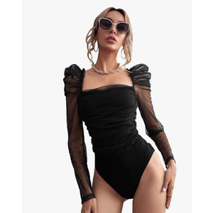 Floerns Women's Puff Sleeve Square Neck Mesh Surplice Ruched Bodysuit Tops Jumpsuits S