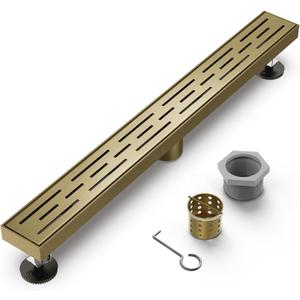 Brushed Titanium Gold Shower Drain 28 Inch, 304 Stainless Steel Linear Shower Drain with Removable Brick Pattern Grate - Adjustable Rectangular Shower Floor Drain with Hair Strainer, Linear Drain