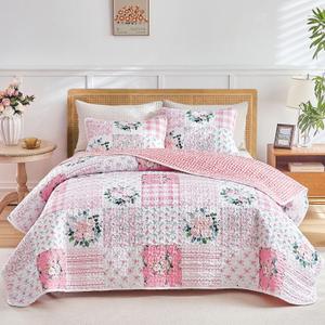 Joyreap 3 Pieces Floral Patchwork Quilt Set Queen, Pink n White Flowers Design, Soft n Cozy Microfiber Quilt, Bedspread Bed Cover for All Season, 1 Quilt and 2 Pillow Shams- 90x90 inches
