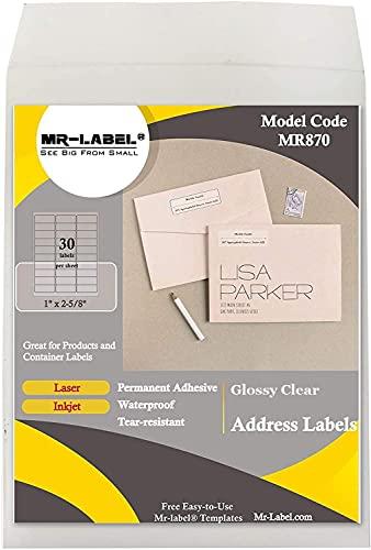 Mr-Label 1" x 2-5/8" Glossy Frosted Clear Address Labels - Waterproof and Tear-Resistant - for Inkjet & Laser Printer - for Envelope | Gift Bag | Bottle| Bar Code (10 Sheets Total 300 Labels)