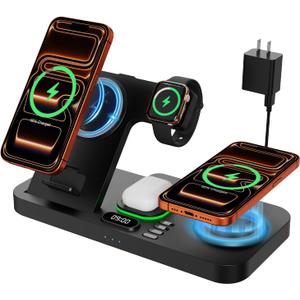 Dual Phone Magnetic Wireless Charging Station for Apple Devices/ Apple Ecosystem, with Auto-Switch 7-Color Light & Clock, Compatible with iPhone 17/ 16/ 15, for iWatch 11/ 10/ 9 & AirPods Pro3