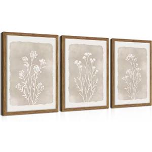 Framed Boho Botanical Flower Wall Art Set of 3, Vintage Minimalist Neutral Floral Wall Decor Paintings, Rustic Farmhouse Wildflower Artwork Prints Picture for Living Room Bedroom Bathroom 16x24 Inch