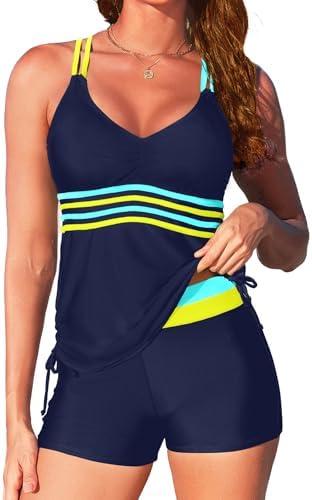 Tempt Me Two Piece Tankini Swimsuits for Women Tummy Control Bathing Suit with Shorts Athletic Swimwear, Size L