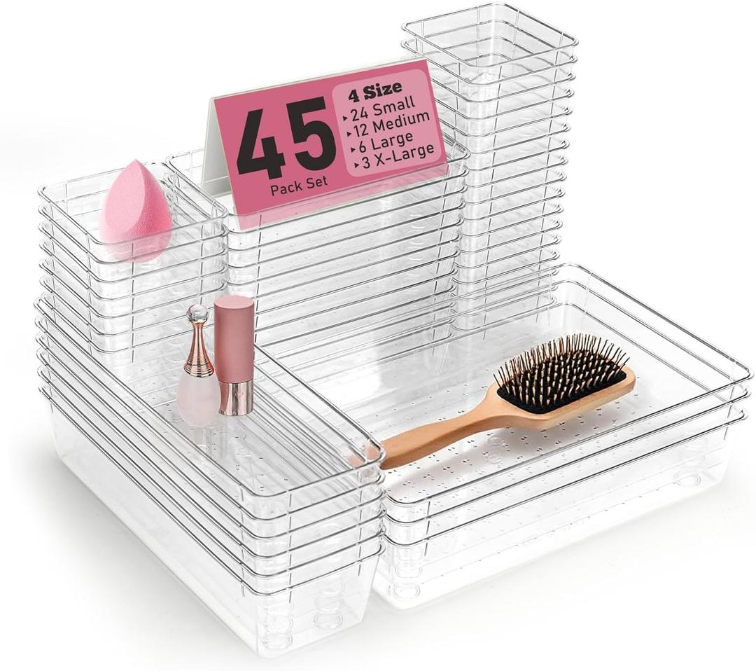 Clear Plastic Drawer Organizers Set of 45 Vanity Organizers Stackable Storage Bins Dividers Bathroom Organizers Storage Vanity Organizer Bins for Makeup, Kitchen Utensils, Jewelries, Office (S45(3-6-12-24)