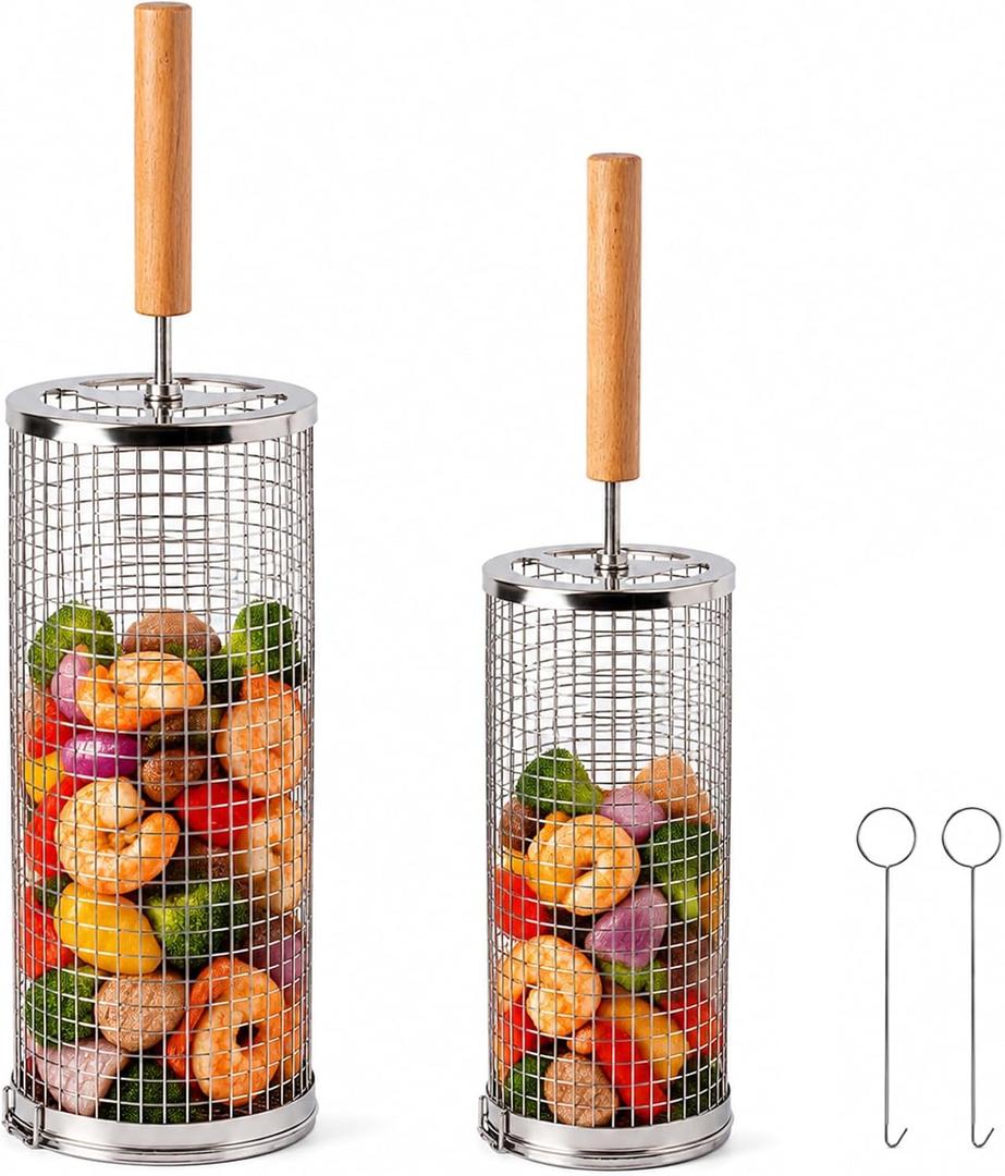 Rolling Grill Basket 2 Pack, Stainless Steel BBQ Grilling Cage | Removable Wooden Handle, Secure Locking Design for Vegetables, Seafood & Meat, Perfect for Smoker and Backyard BBQ