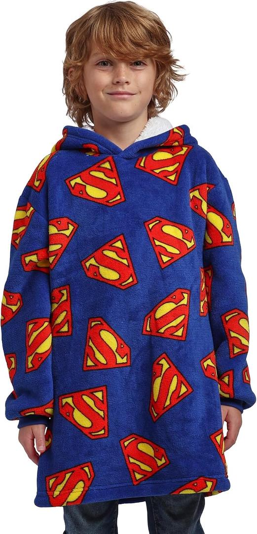 Bioworld Superman Logo All-Over Print Boy's Blue Long Sleeve Sherpa Lined Kids Wearable Hoodie Blanket