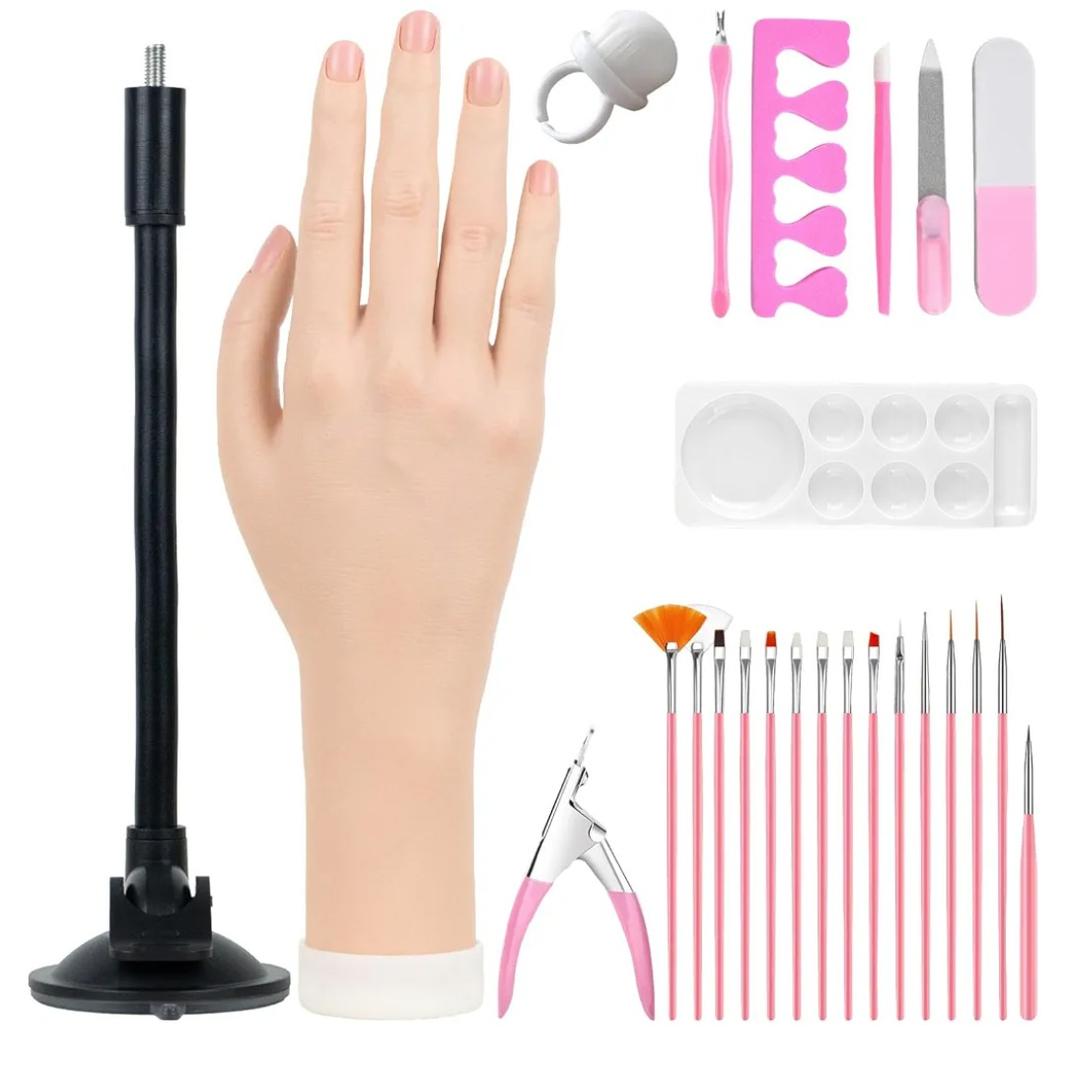 Practice Hand for Acrylic Nails, Flexible Bendable Fake Hand with Adjustable Stand, Nail Training Kit Mannequin Hand for Beginners & Nail Artists (Suction Cup Stand)