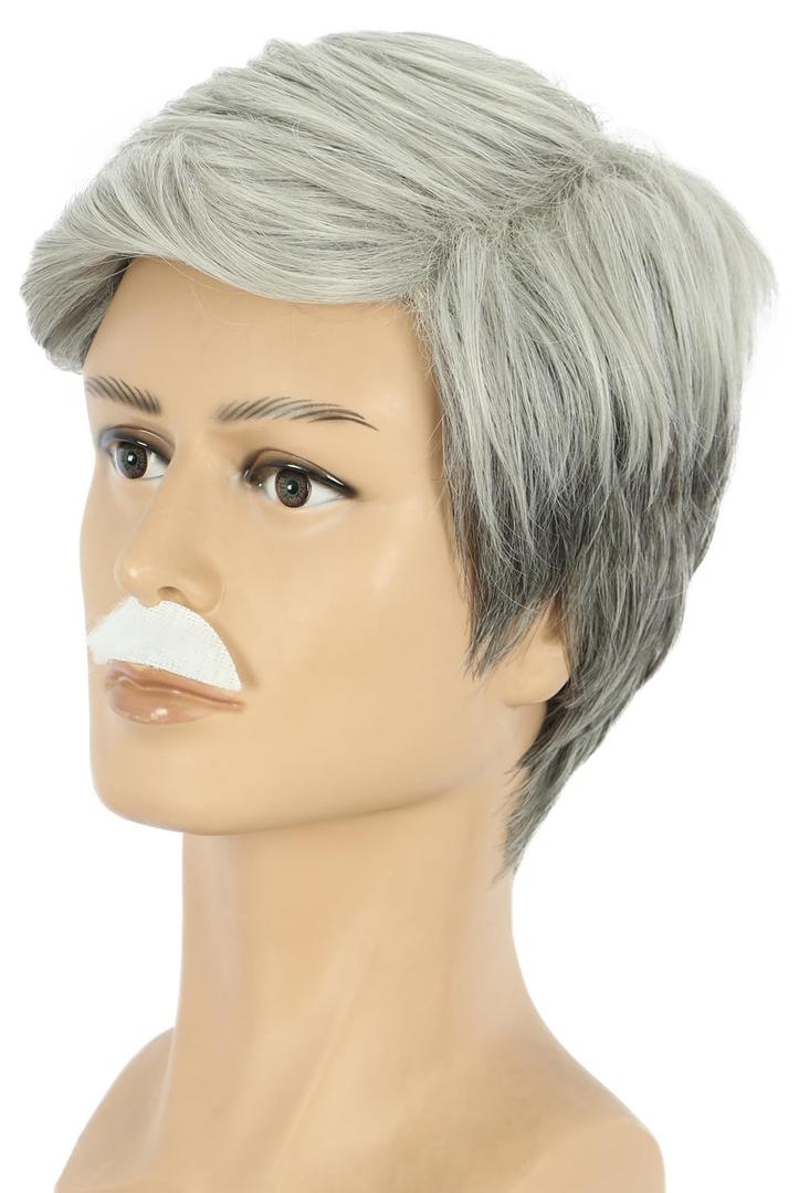 yuehong Adult Short White Gray Grandpa Wig Old Man Wig Heat Resistant Synthetic Fibers Soft Durable Breathable Costume Hair with Mustache