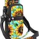 Water Bottle Sling Bag Sleeve Holder Carrier 25/32/40/64 oz ,Insulated Crossbody Water Bottle Case Cover with Strap and Pockets for Men/Women Walking Hiking Camping (25oz, Sunflower Green background)