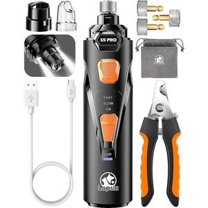 Whisper Quiet Dog Nail Grinder with 4 LED Lights, Safe & Stress-Free for Sensitive Dogs Cats of All Breeds & Sizes, 3 Grinding Bits, 3-Speed, Pet Nail Trimmers, Rechargeable Painless Grooming Kit