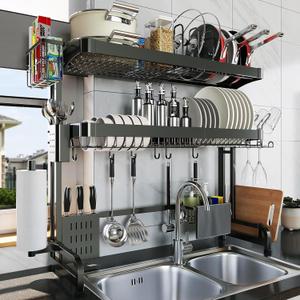 LIVOD Over The Sink Dish Drying Rack,3 Tier Adjustable Length Full Stainless Steel Large Storage Kitchen Dish Rack,for Kitchen Counter Expandable Multifunctional Organizers,Silver (25.5'' to 37.6'')