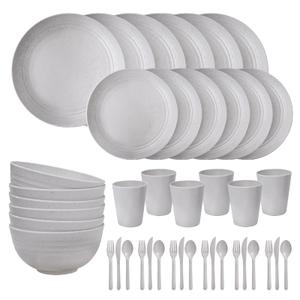 EI 42pcs Wheat Straw Dinnerware Set,Unbreakable Reuasble Plate,Plastic Plates and Bowls Sets,Lightweight Dinnerware for Camping,Picninc,Party-Black Bowls,Plates,Cups,Cutlery