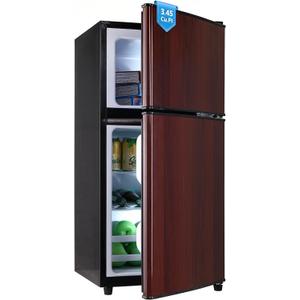 Dorm Fridge with Freezer, Small Refrigerator 3.45 Cu. Ft. with Freezer for Apartment, 7-Level Temperature Adjustable Apartment Size Fridge for Kichen, College, Office, Wood