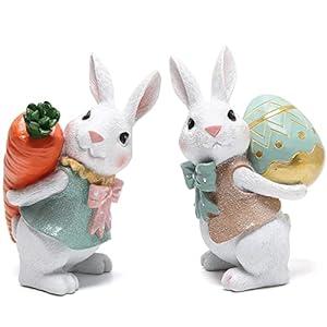Hodao 5.5 Inch Polyresin Bunny Decorations Spring Easter Decors Figurines Tabletopper Decorations for Party Home Holiday Cute Rabbit Easter Gifts (Orange Blue)